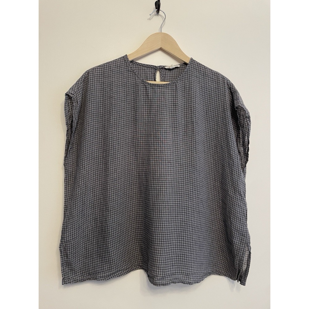 Eileen Fisher Organic Linen Top Women Medium Gingham Gray Short Sleeve Lagenlook